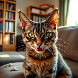 A close-up portrait of an angry cat with bright green eyes and fur bristled, showing sharp teeth