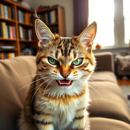 A close-up portrait of an angry cat with bright green eyes and fur bristled, showing sharp teeth