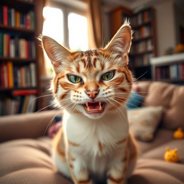 A close-up portrait of an angry cat with bright green eyes and fur bristled, showing sharp teeth