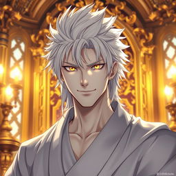 A captivating light novel cover showcasing a tall male character with pale white skin radiating an air of confidence