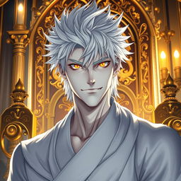 A captivating light novel cover showcasing a tall male character with pale white skin radiating an air of confidence