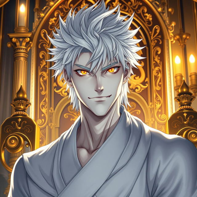 A captivating light novel cover showcasing a tall male character with pale white skin radiating an air of confidence