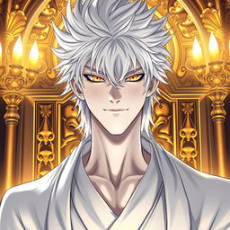 A captivating light novel cover showcasing a tall male character with pale white skin radiating an air of confidence