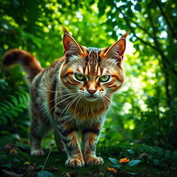 An angry cat with bright green eyes, furrowed brows, and puffed up fur, standing in a vibrant green forest
