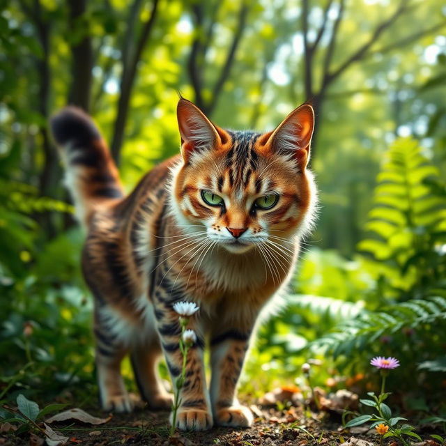 An angry cat with bright green eyes, furrowed brows, and puffed up fur, standing in a vibrant green forest