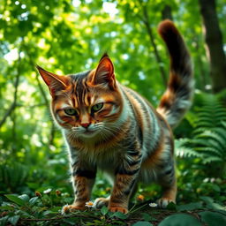 An angry cat with bright green eyes, furrowed brows, and puffed up fur, standing in a vibrant green forest
