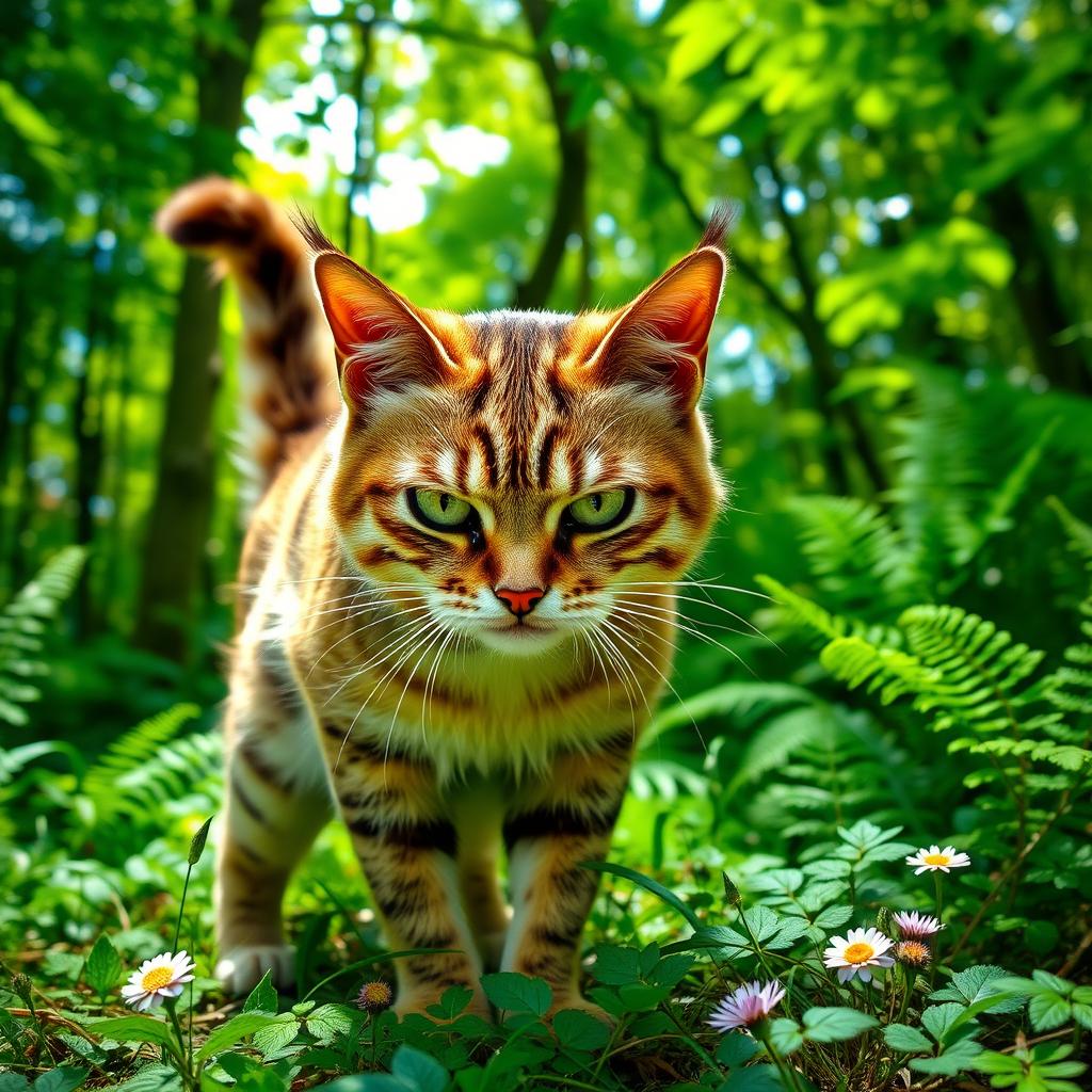 An angry cat with bright green eyes, furrowed brows, and puffed up fur, standing in a vibrant green forest