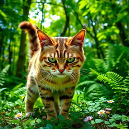 An angry cat with bright green eyes, furrowed brows, and puffed up fur, standing in a vibrant green forest