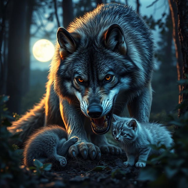 A dramatic scene set in a forest during dusk, featuring a wolf crouched down with intense, piercing eyes, its fur shimmering with hints of silver under the soft moonlight