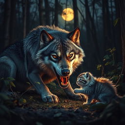 A dramatic scene set in a forest during dusk, featuring a wolf crouched down with intense, piercing eyes, its fur shimmering with hints of silver under the soft moonlight