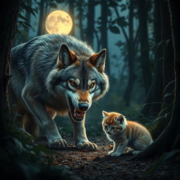 A dramatic scene set in a forest during dusk, featuring a wolf crouched down with intense, piercing eyes, its fur shimmering with hints of silver under the soft moonlight