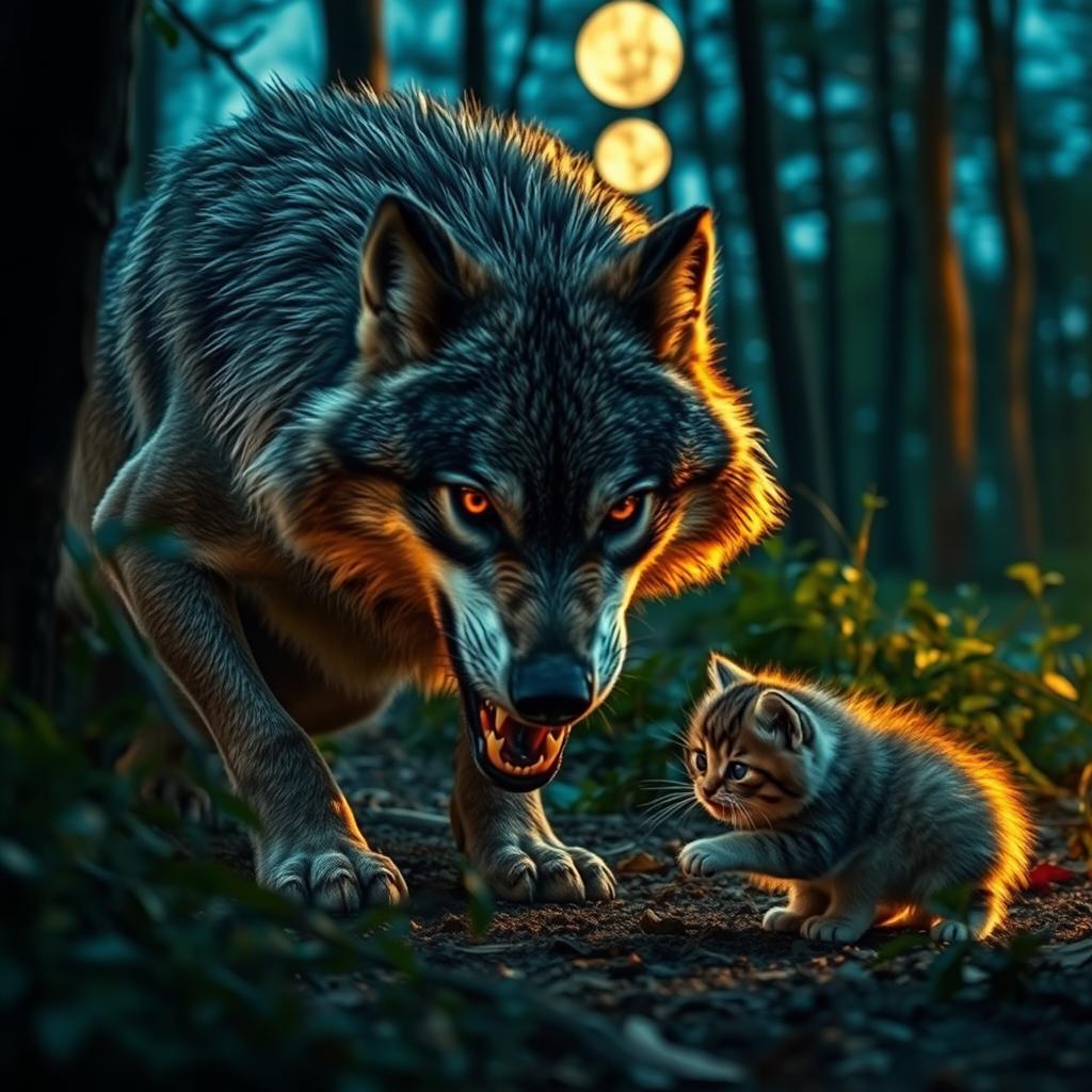 A dramatic scene set in a forest during dusk, featuring a wolf crouched down with intense, piercing eyes, its fur shimmering with hints of silver under the soft moonlight