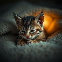 A somber and emotional scene featuring a small, injured kitten lying on a soft, fluffy blanket