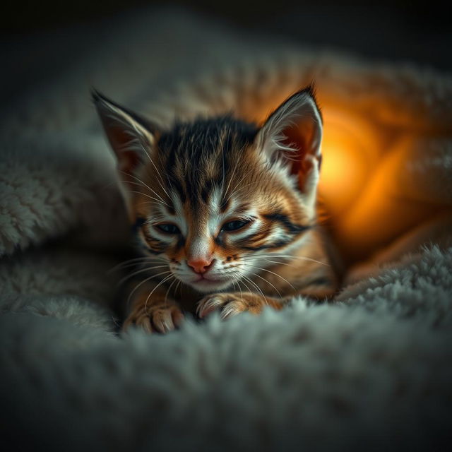 A somber and emotional scene featuring a small, injured kitten lying on a soft, fluffy blanket