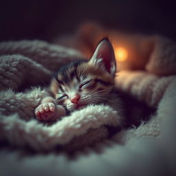 A somber and emotional scene featuring a small, injured kitten lying on a soft, fluffy blanket