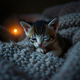 A somber and emotional scene featuring a small, injured kitten lying on a soft, fluffy blanket