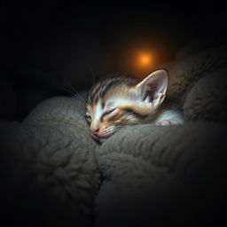 A somber and emotional scene featuring a small, injured kitten lying on a soft, fluffy blanket