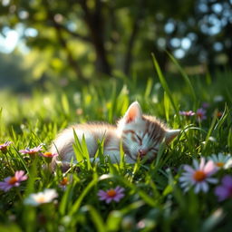 A serene and peaceful scene capturing a small, lifeless kitten resting in lush green grass, surrounded by colorful wildflowers