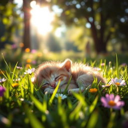 A serene and peaceful scene capturing a small, lifeless kitten resting in lush green grass, surrounded by colorful wildflowers