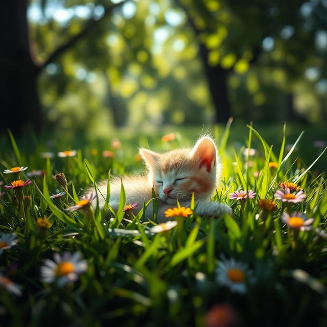 A serene and peaceful scene capturing a small, lifeless kitten resting in lush green grass, surrounded by colorful wildflowers