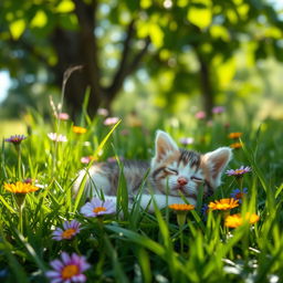 A serene and peaceful scene capturing a small, lifeless kitten resting in lush green grass, surrounded by colorful wildflowers