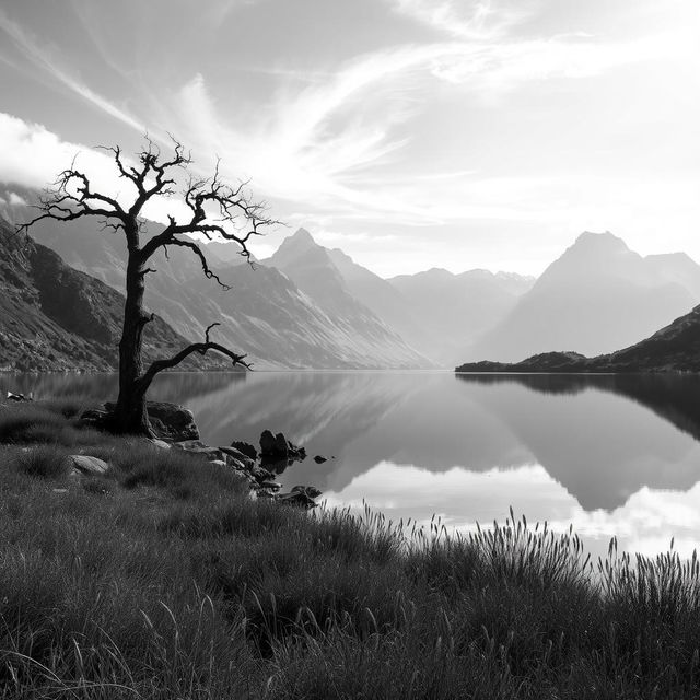 An artistic black and white representation of a serene landscape