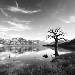 An artistic black and white representation of a serene landscape