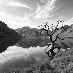 An artistic black and white representation of a serene landscape