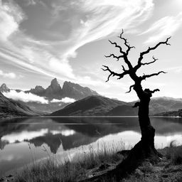 An artistic black and white representation of a serene landscape