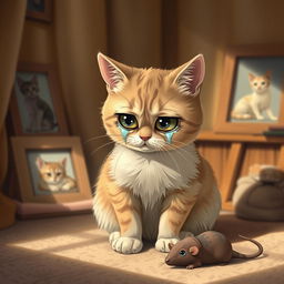 A heartbroken cat sitting in a warm, cozy room, with tears streaming down its furry cheeks