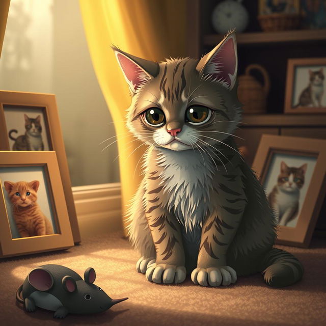 A heartbroken cat sitting in a warm, cozy room, with tears streaming down its furry cheeks