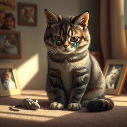 A heartbroken cat sitting in a warm, cozy room, with tears streaming down its furry cheeks