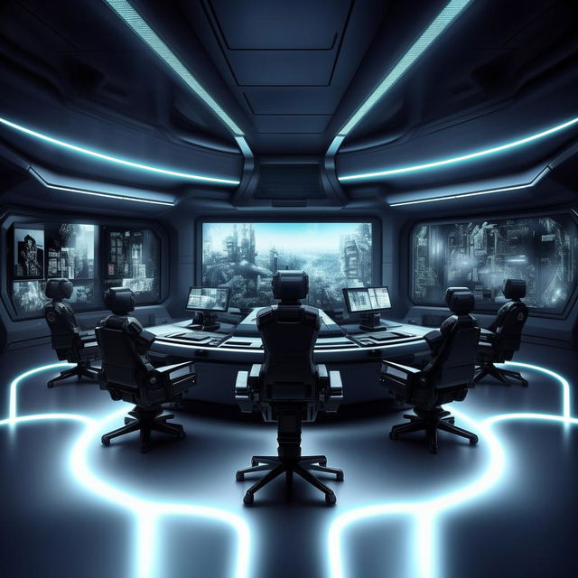 futuristic SWAT control room  with 5 chairs at console and 1 detached chair at separate screen  based on https://files.dreamhome.software/files/static/36651