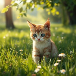 A sorrowful cat sitting in a lush green meadow, surrounded by vibrant grass and delicate wildflowers, with tears rolling down its furry cheeks