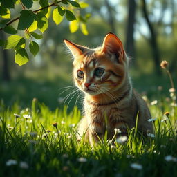 A sorrowful cat sitting in a lush green meadow, surrounded by vibrant grass and delicate wildflowers, with tears rolling down its furry cheeks
