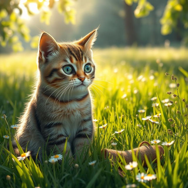 A sorrowful cat sitting in a lush green meadow, surrounded by vibrant grass and delicate wildflowers, with tears rolling down its furry cheeks