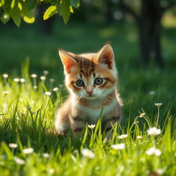 A sorrowful cat sitting in a lush green meadow, surrounded by vibrant grass and delicate wildflowers, with tears rolling down its furry cheeks