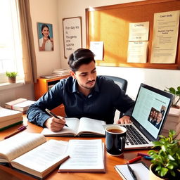 An ambitious individual studying for the 47th BCS examination in a cozy, well-organized study room