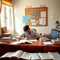 An ambitious individual studying for the 47th BCS examination in a cozy, well-organized study room
