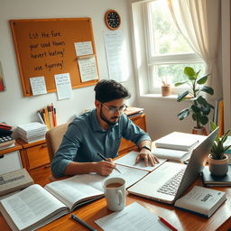 An ambitious individual studying for the 47th BCS examination in a cozy, well-organized study room