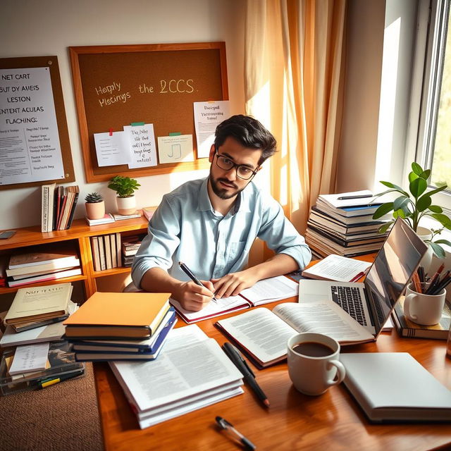 An ambitious individual studying for the 47th BCS examination in a cozy, well-organized study room