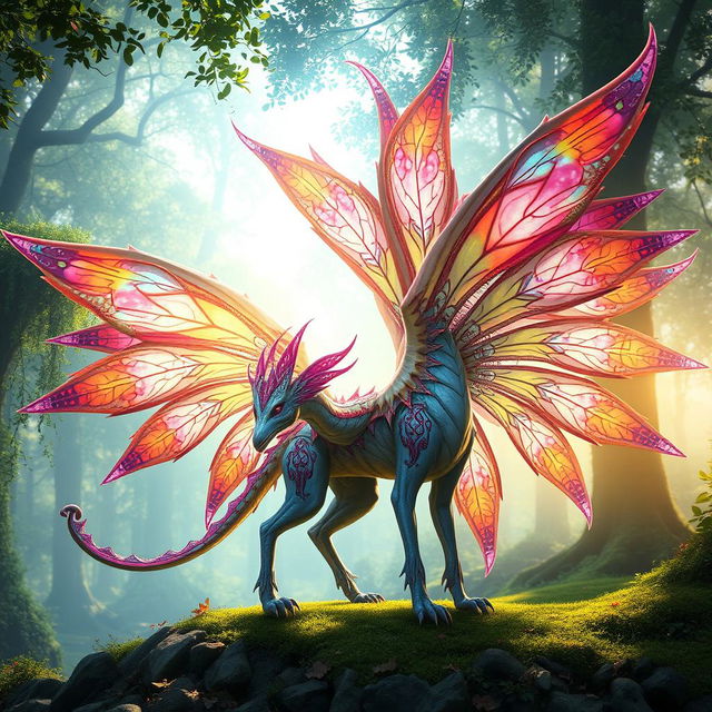 A fantasy creature with 24 beautifully intricate wings, each adorned with vibrant colors and exquisite patterns