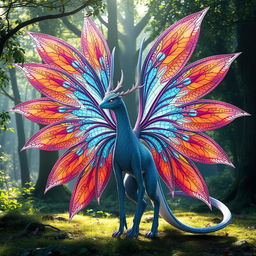 A fantasy creature with 24 beautifully intricate wings, each adorned with vibrant colors and exquisite patterns