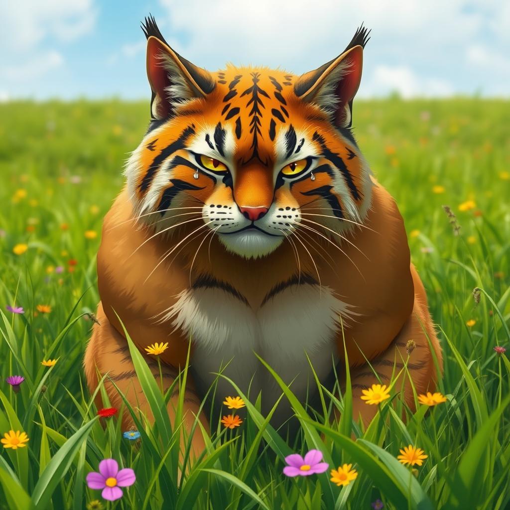 A large and powerful cat, with muscular build and vibrant fur, shedding tears in a lush, green landscape