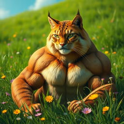 A large and powerful cat, with muscular build and vibrant fur, shedding tears in a lush, green landscape