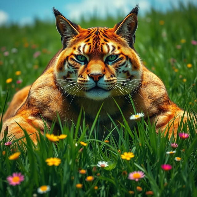 A large and powerful cat, with muscular build and vibrant fur, shedding tears in a lush, green landscape