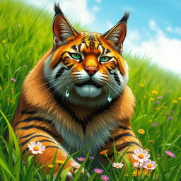 A large and powerful cat, with muscular build and vibrant fur, shedding tears in a lush, green landscape