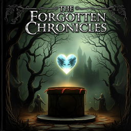 A grand, dark, mystical forest filled with ancient, twisted trees that appear to whisper secrets