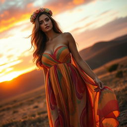A stunning woman standing in a vibrant sunset landscape, wearing a flowing, colorful maxi dress that billows gently in the breeze