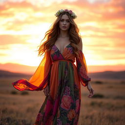 A stunning woman standing in a vibrant sunset landscape, wearing a flowing, colorful maxi dress that billows gently in the breeze